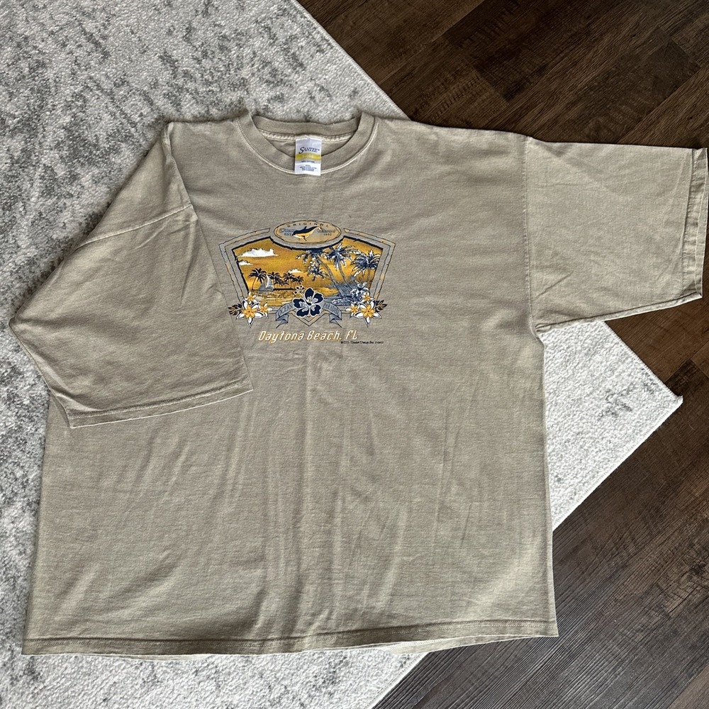 Vintage Daytona Beach Shirt Mens XXXL Beige Short Sleeve Dolphin Palm Trees 90s